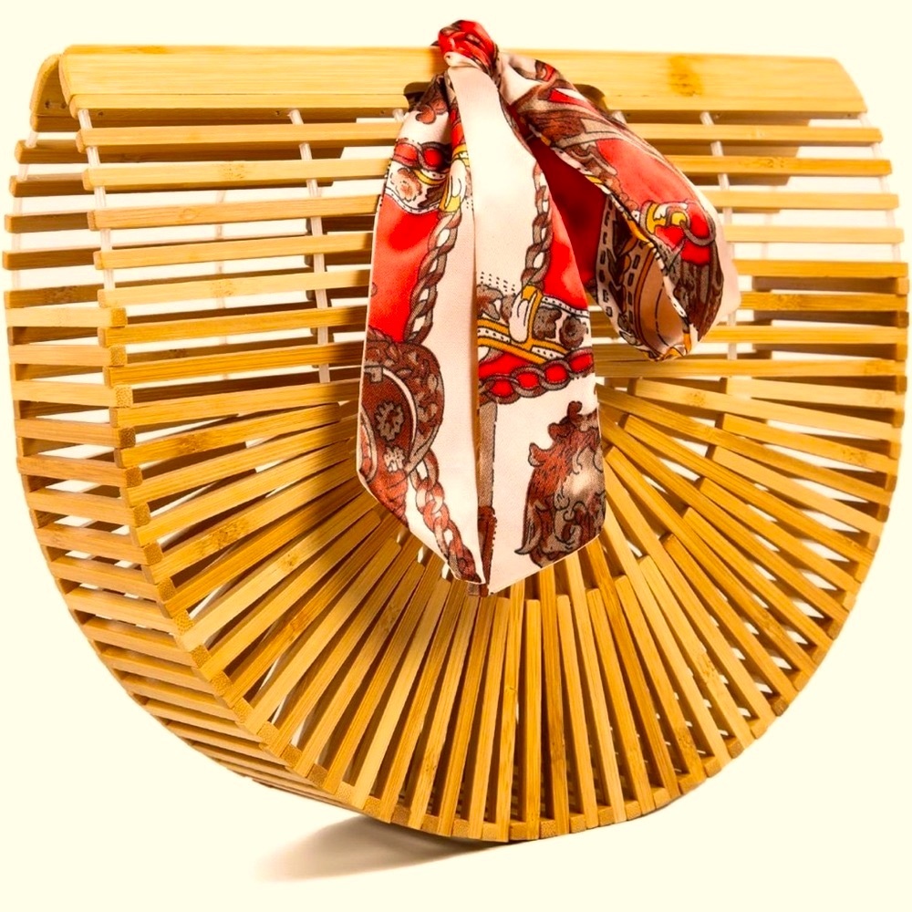 Bamboo Caged Semicircle Large Tote Bag w/ Scarf and Dust Bag-13”x 9”x 4” - Picture 12 of 14